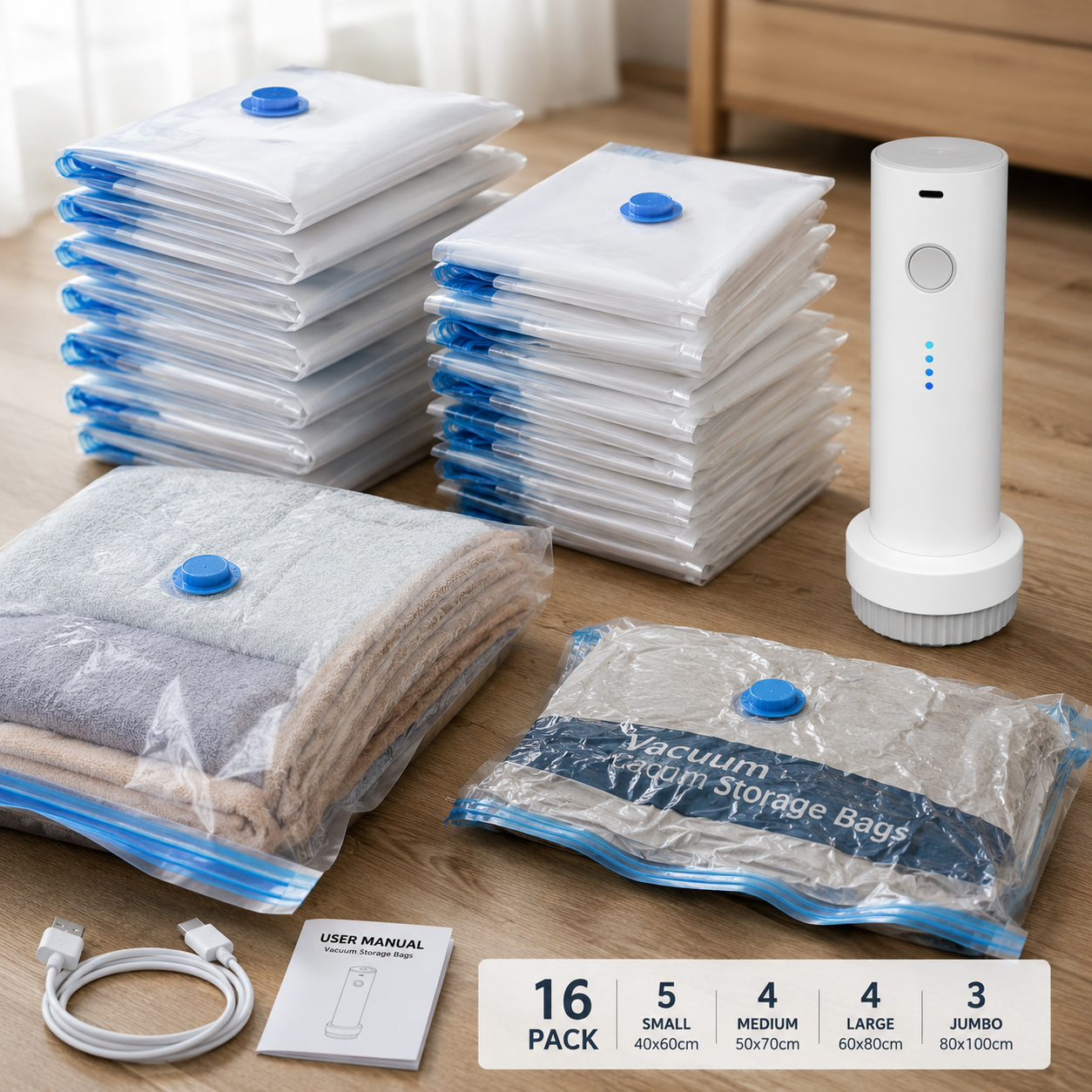 VacuMax™ Electric Vacuum Storage Bag Set (16-Piece with Rechargeable Pump)
